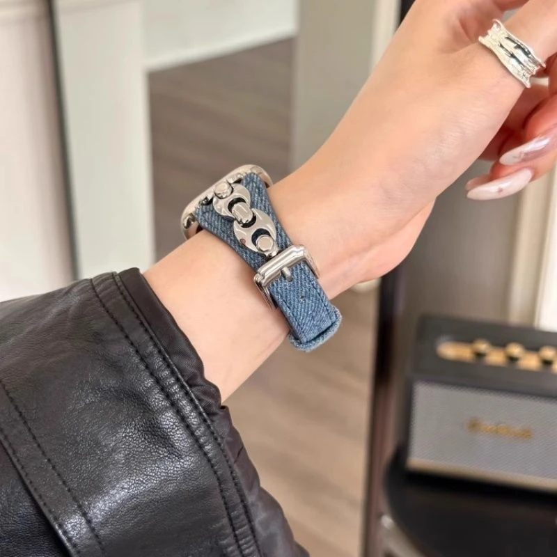 适用小米手环98pro手腕带松弛感老钱风D字牛仔帆布红米手表watch5