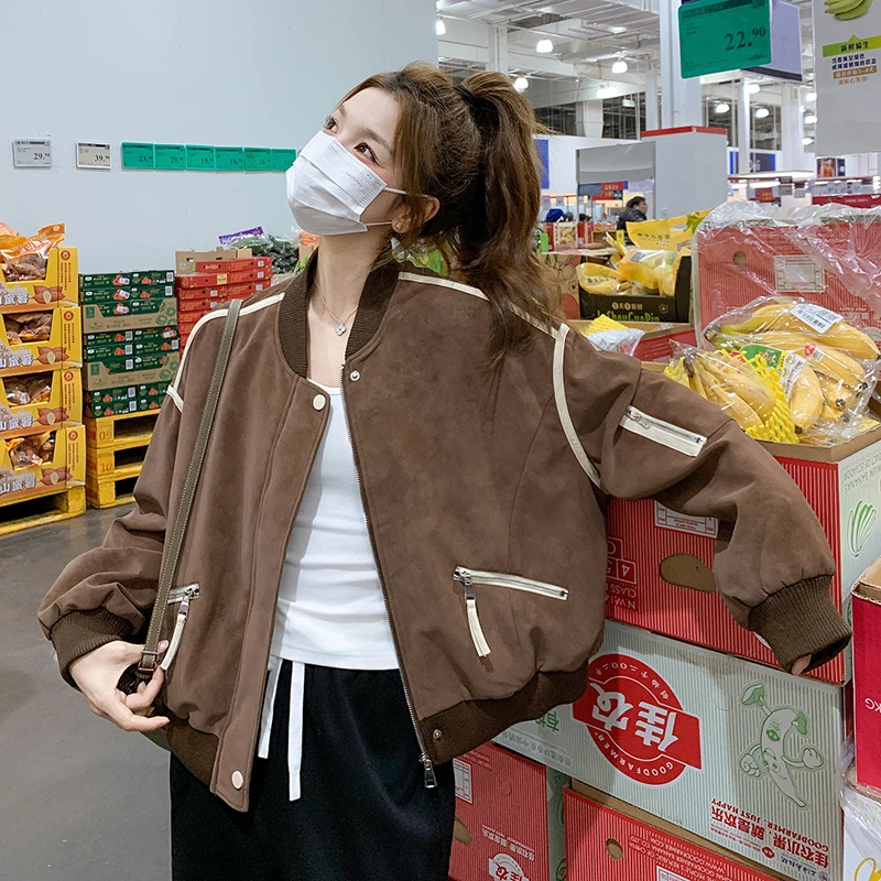 咖啡色超好看bf学院风棒球服夹克上衣女春新款小个子休闲美式外套