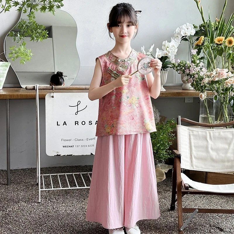 古风汉服女童套装夏季2025新款女孩国风背心上衣新中式童装两件套