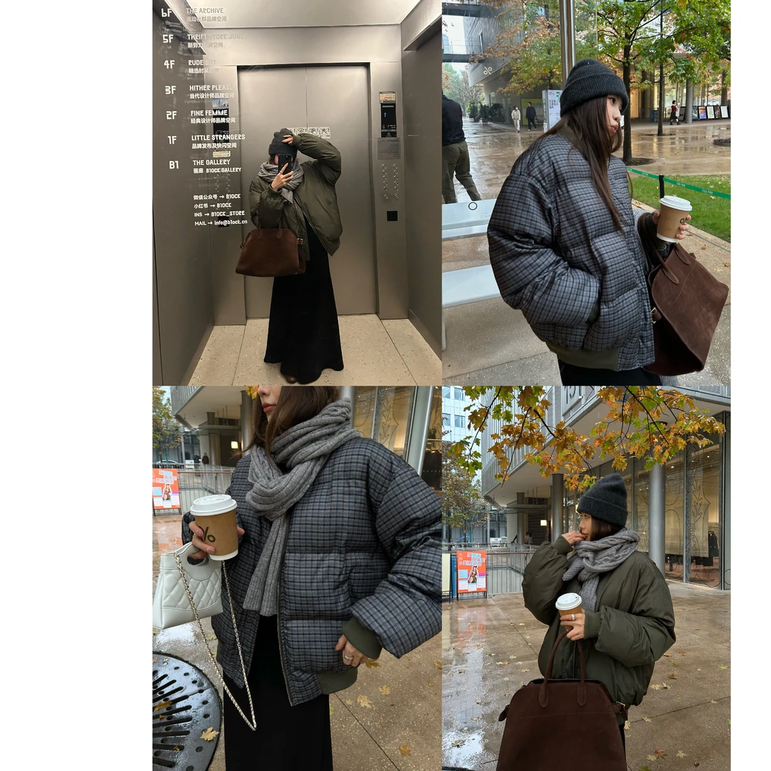 D YANGJUN 2025冬季新款两面穿复古格纹廓形棉服女保暖短款面包服