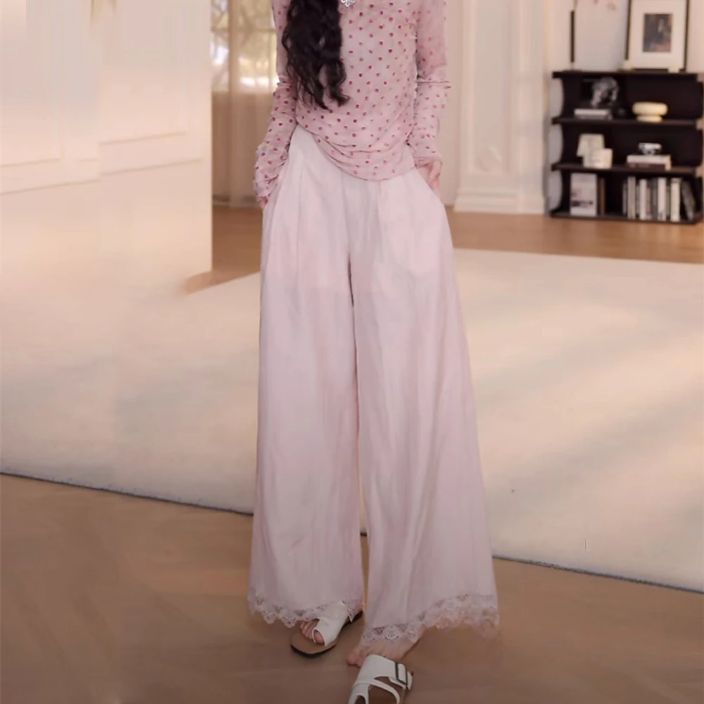 夏季新款休闲时尚蕾丝下摆高腰显瘦松紧腰直筒阔腿裤设计感7095