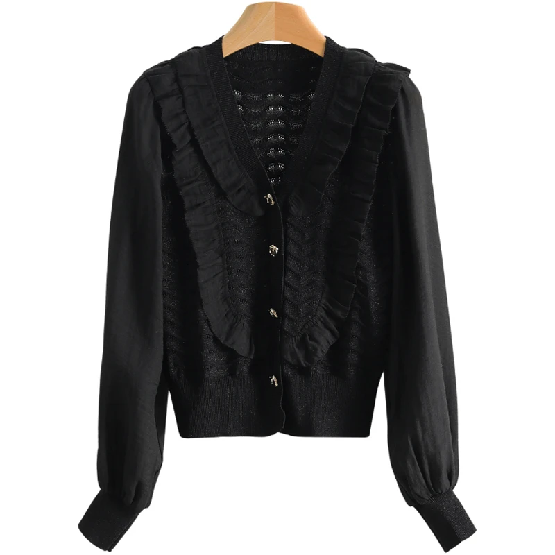 【伍莎-自营】法式V领纯色木耳边装饰扣针织衫#YZA47M001