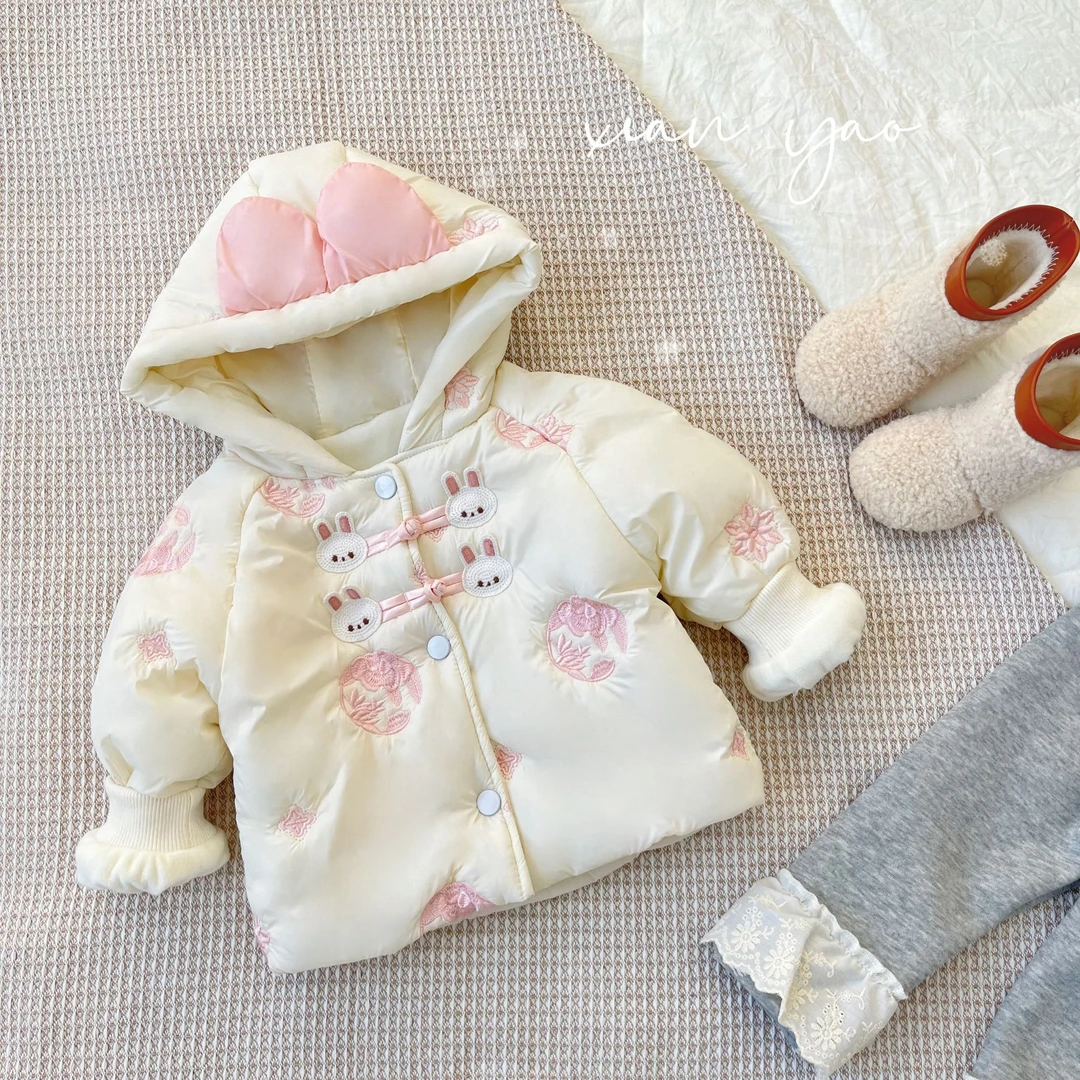 秋冬厚款碎花女宝公主玉兔盘扣可爱连帽加厚加绒棉服ZH-Q-D03