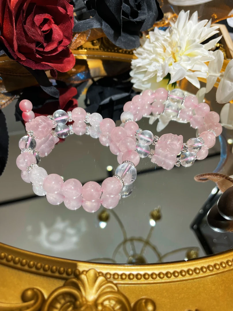 【狐桃桃 耶耶原创设计】天然白水晶+海蓝宝粉水晶凤九单圈女士手串