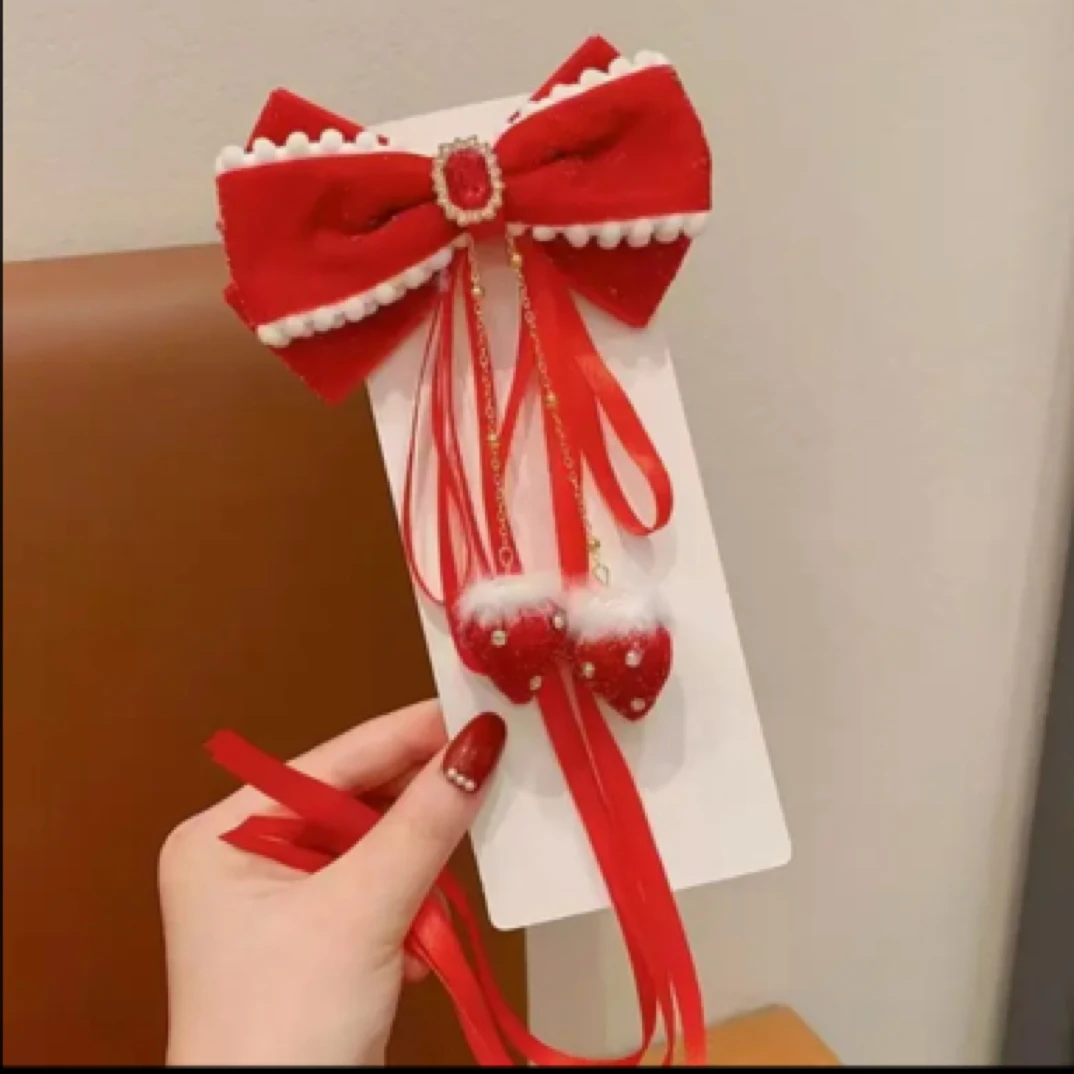 儿童蝴蝶结发夹头饰女童过年中国风红色飘带发卡女孩新年夹子发饰