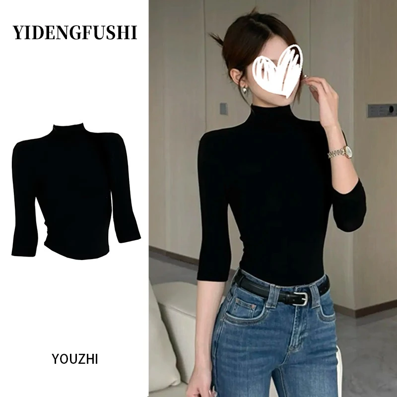 黑色气质半高领半袖T恤女秋季新款收腰显瘦打底衫辣妹百搭上衣潮