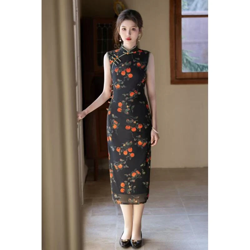 【华夫人】网纱黑色柿柿如意显瘦气质复古旗袍