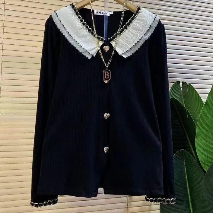 Y胖mm欧货时尚新款荷叶领拼接洋气减龄显瘦女人衫