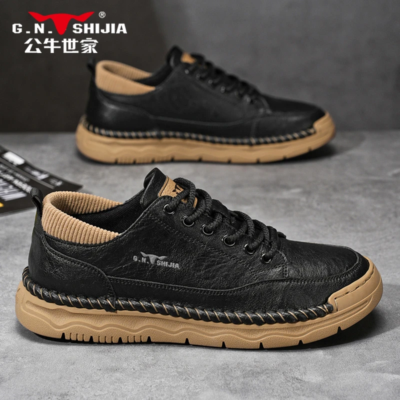 公牛世家2025春秋新款男鞋手工复古运动休闲工装鞋男士低帮豆豆鞋