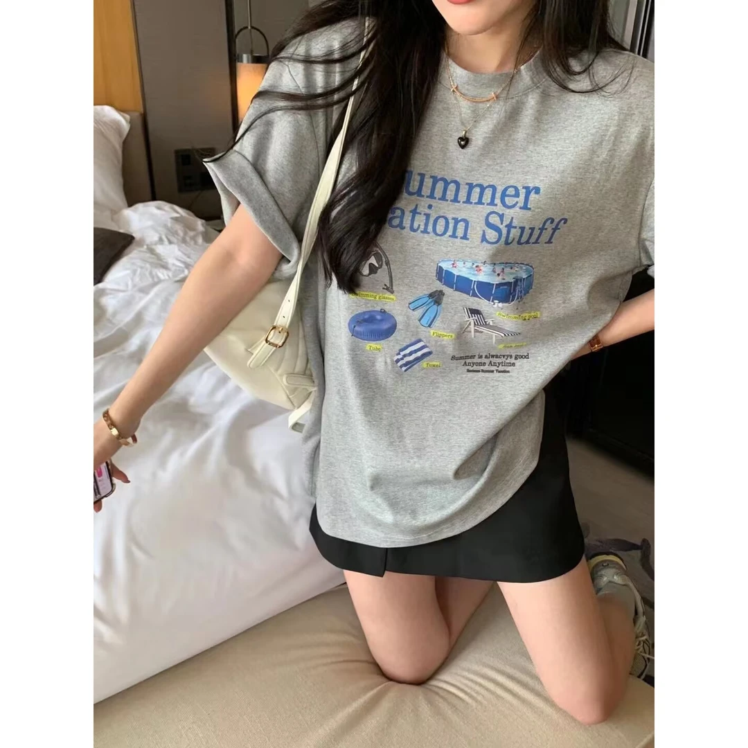 韩系高级印花短袖T恤女夏夏季宽松体恤纯棉上衣设计感小众女