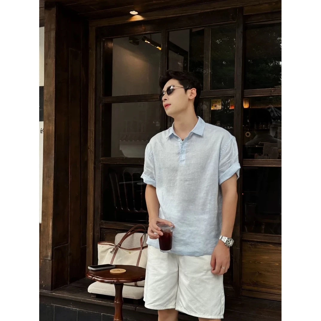 天蓝色亚麻polo衫短袖男夏季冰丝透气速干凉感t恤老钱风半袖上衣