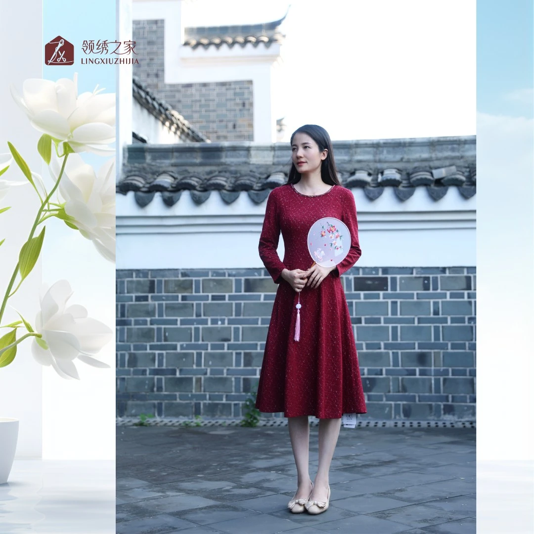 【领.一抹暖阳】优雅秋冬加厚连衣裙L800900H长袖复古气质