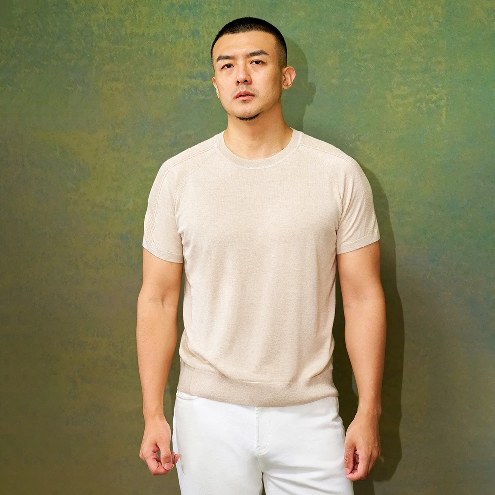 插肩袖丝羊绒羊毛短袖T恤衫舒适显瘦贵气男休闲春夏半袖纯色圆领