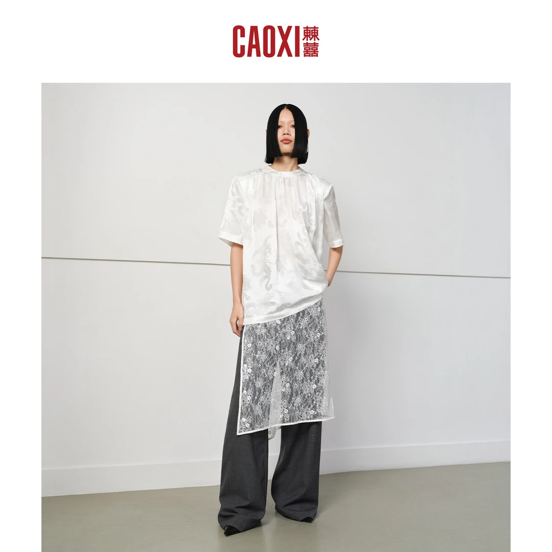CAOXI㯥囍 圆领提花暗纹后背镂空垫肩短袖T恤春新款宽松垂感上衣