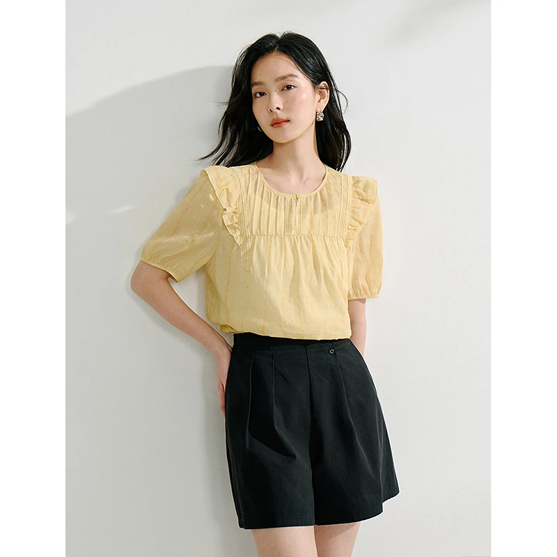 【一秒入夏】茵曼夏季浪漫轻薄苎麻印花衬衫度假花边宽松短袖衬衣