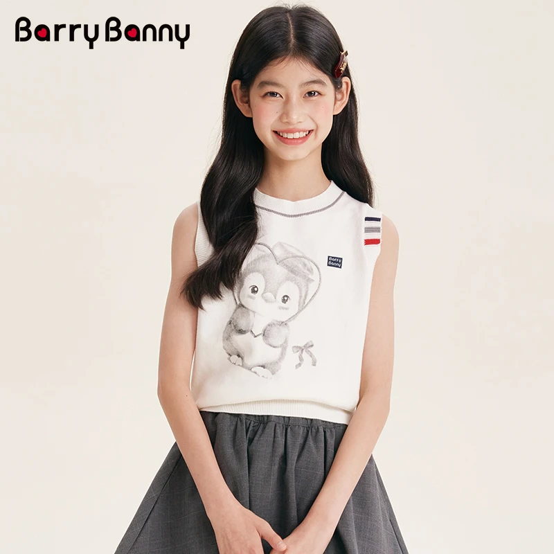 Barry Banny女童针织背心宝宝秋季新款儿童企鹅刺绣圆领无袖上衣