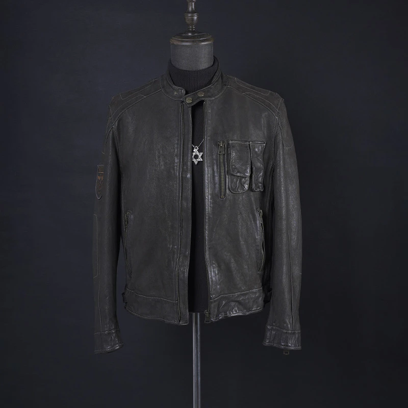 OL/轻奢 重工皮夹克 机车服 山羊皮 刺绣真皮夹克  男外套