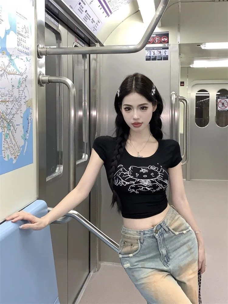 美式辣妹凯蒂猫印花正肩短袖t恤夏季设计感高腰短款修身显瘦上衣