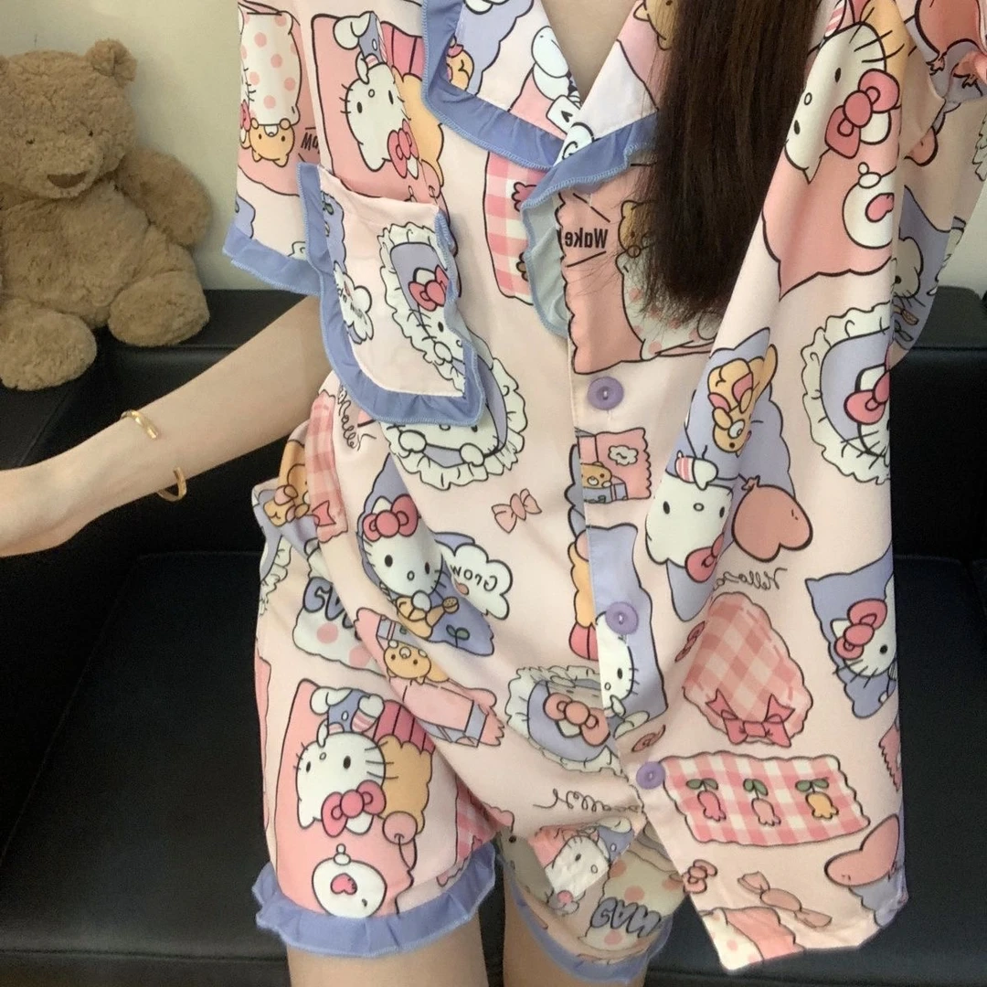 【蛋糕Kitty三件套】夏季新款冰雪软丝开衫翻领短袖长裤冰丝家居服