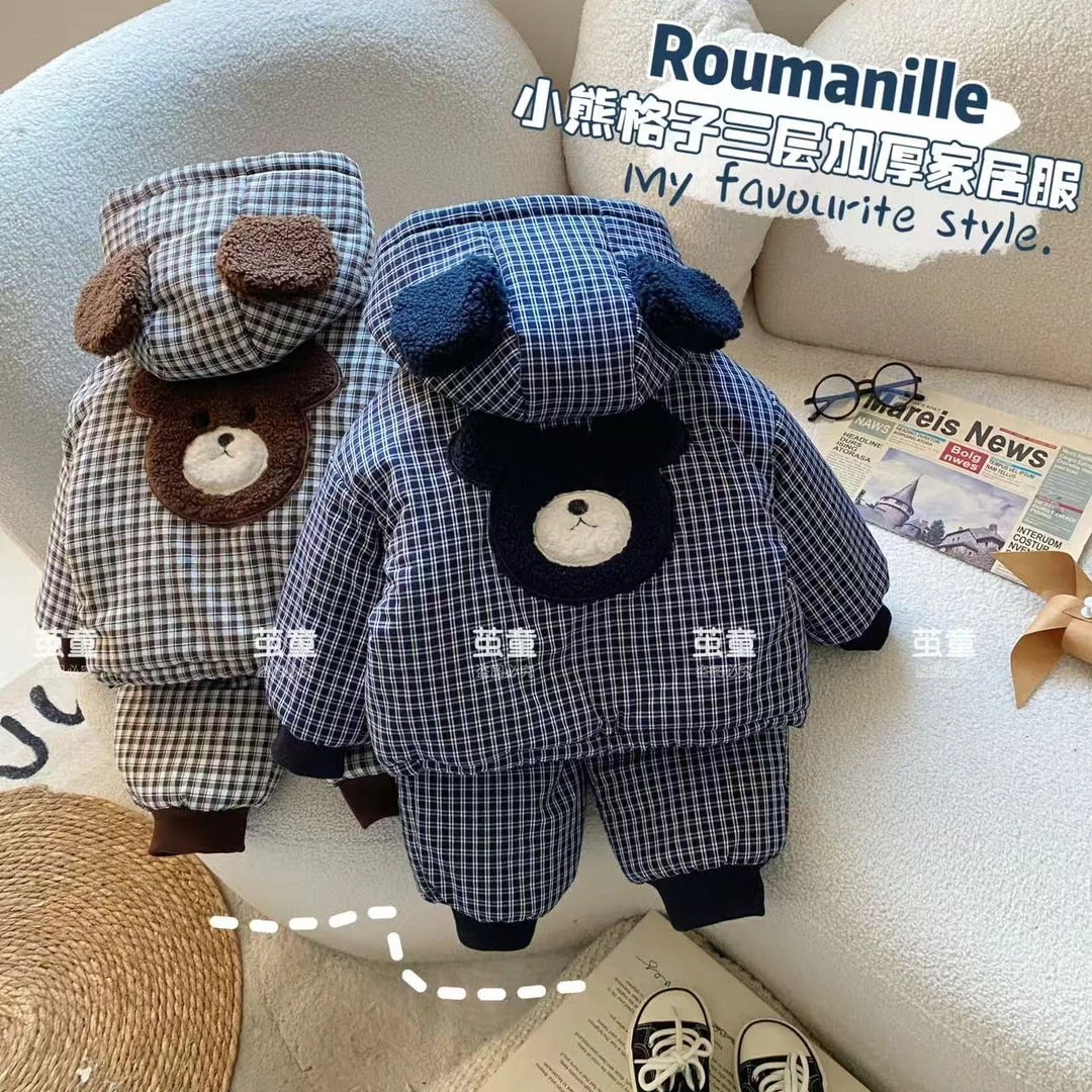【麦麦妈】冬季小童格子小熊三层夹棉加绒家居服套装新品宝宝D369