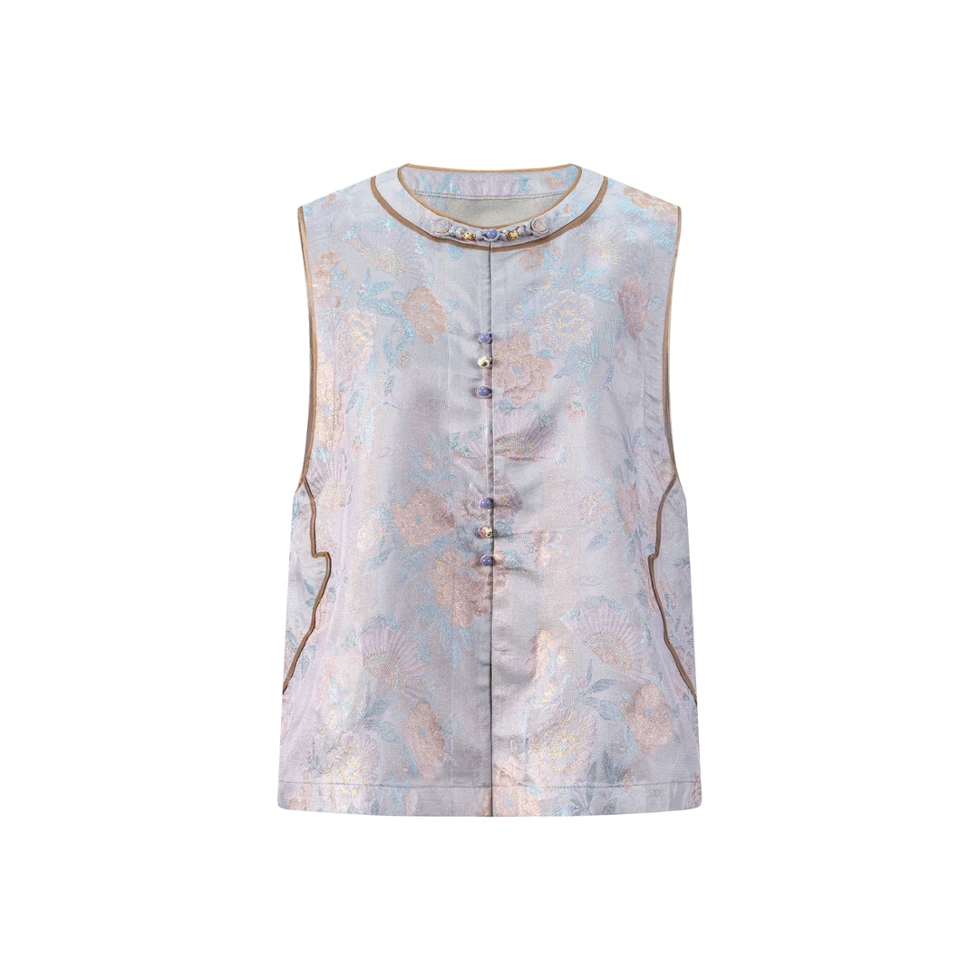 【紫霓】新中式穿搭复古洋气轻奢桑蚕丝小众马夹出游高级圆领