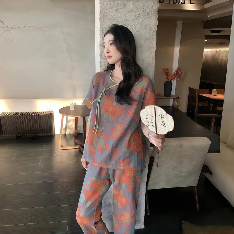 2025夏季新款睡衣双层纱全棉汗蒸服新中式国风舒适透气家居服套装