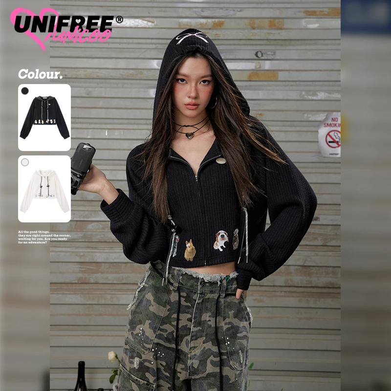 unifree0107【金拐子专属】UNIFREE学院风动物印花连帽针织外套