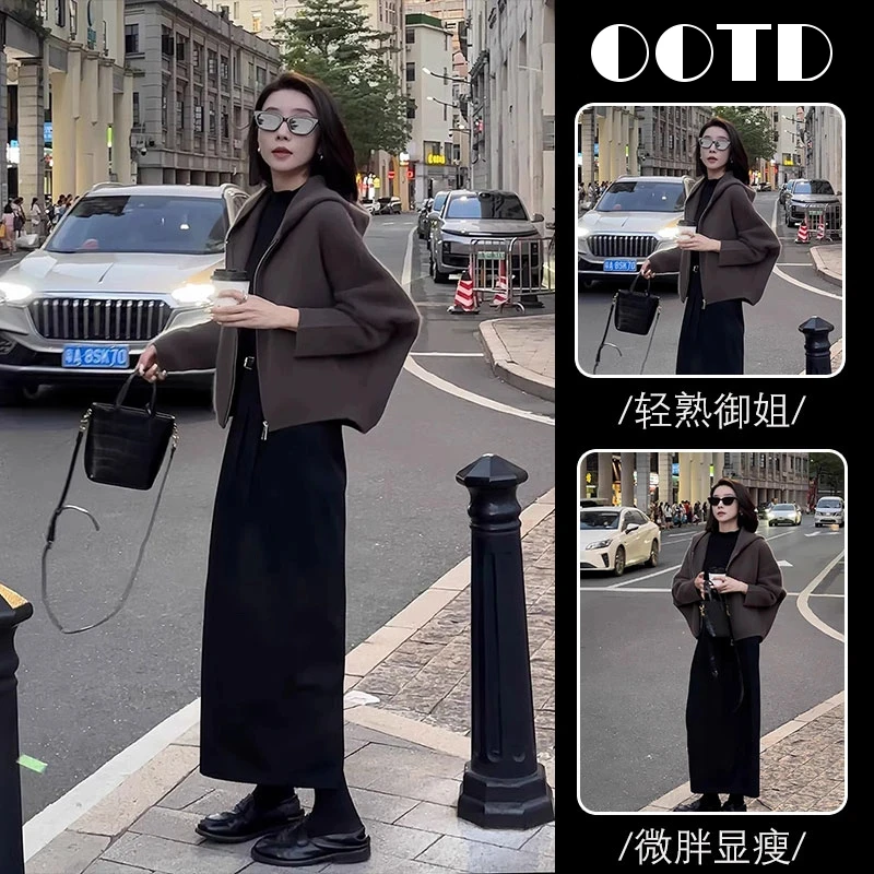 网红爆款时尚套装女2025秋冬新款复古毛呢连帽外套半身裙子两件套