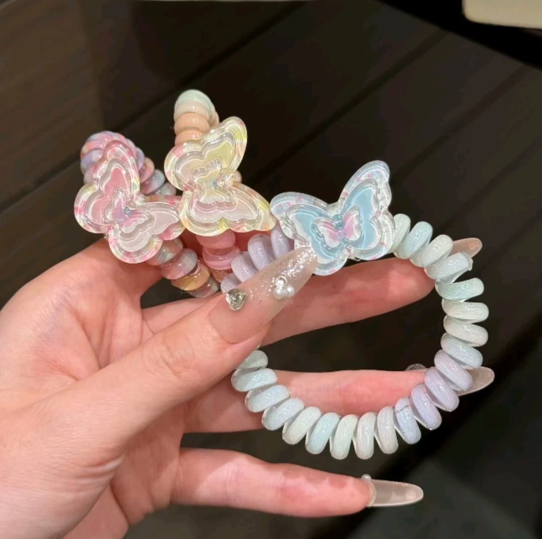 【进账】渐变蝴蝶电话线发圈甜美少女心高弹力头绳夏日彩虹无痕发绳