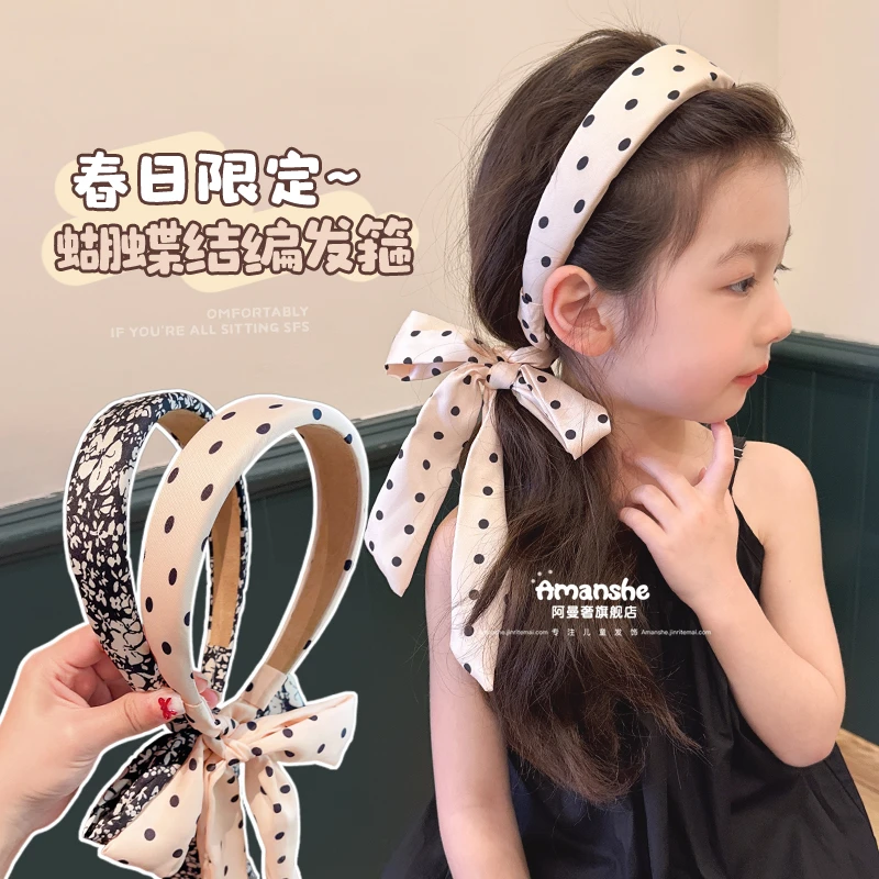 波点蝴蝶结飘带发箍新款儿童洗脸编发高颅顶宽边头箍百搭夏季发饰