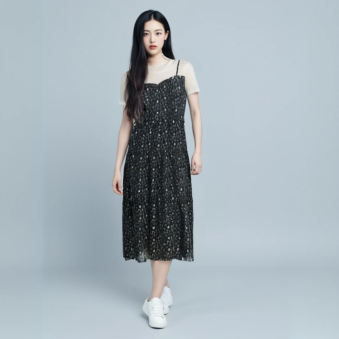 D0077夏季新款复古假两件拼接碎花百搭连衣裙女小个子气质A字裙子