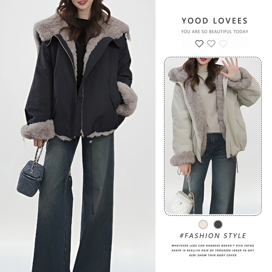 2025冬季新款韩系设计感撞色拼接两面穿时髦翻领连帽毛毛厚外套女