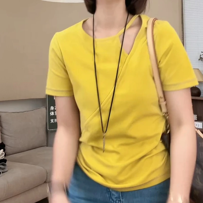 【半夏Tee】新款纯色镂空圆领小心机正肩设计显瘦短袖T恤LK2503186