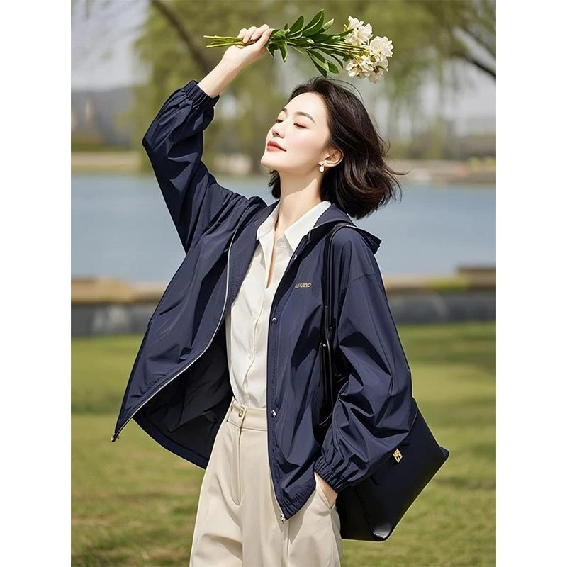 2025春秋新款藏蓝色夹克薄外套女休闲百搭高级感个性时尚短款外套