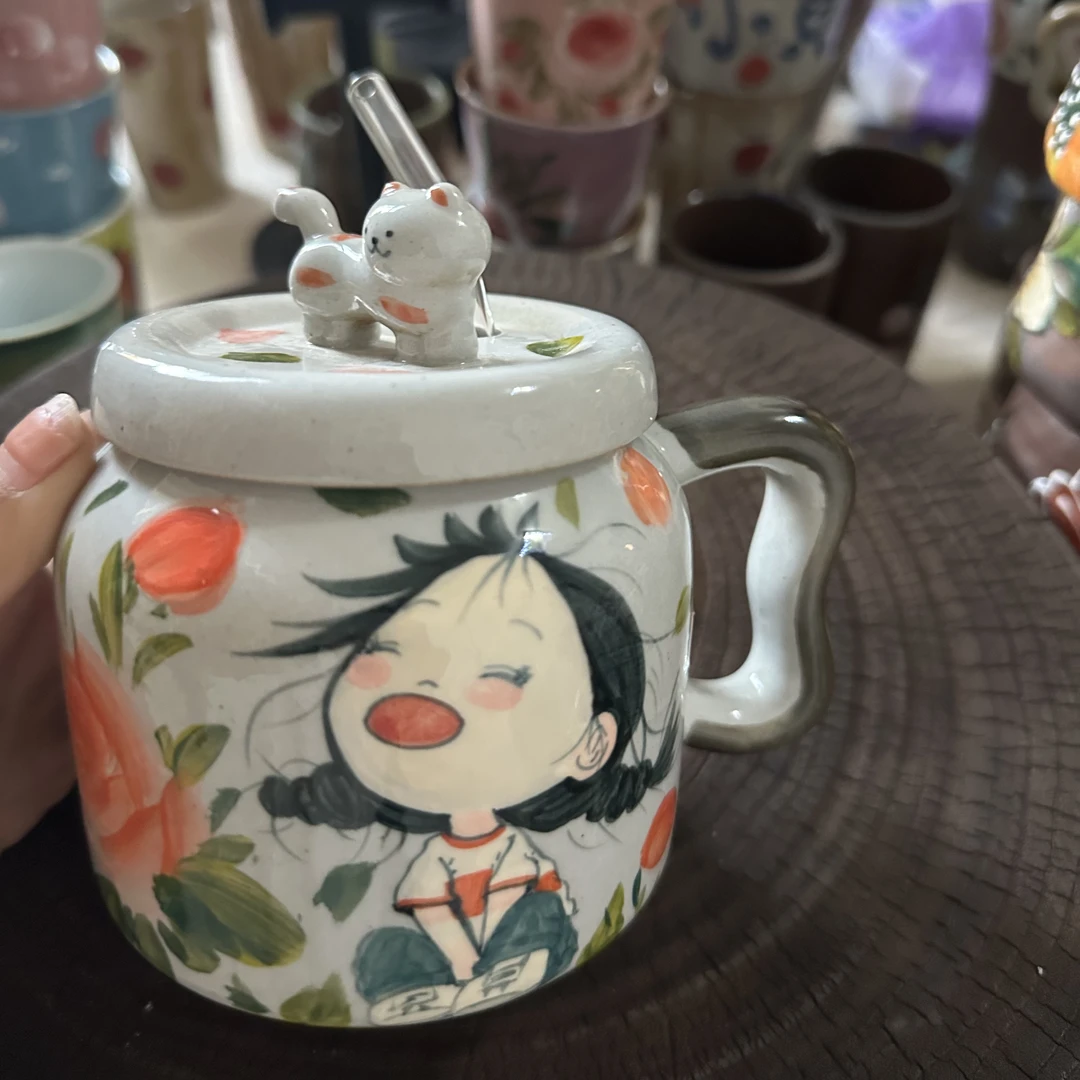 手绘釉下彩高温马克杯陶瓷带盖带吸管