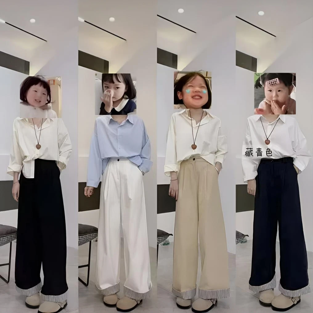 【纯棉】2025日韩两穿拼接条纹翻卷边洗水棉阔腿裤女通勤宽松休闲c