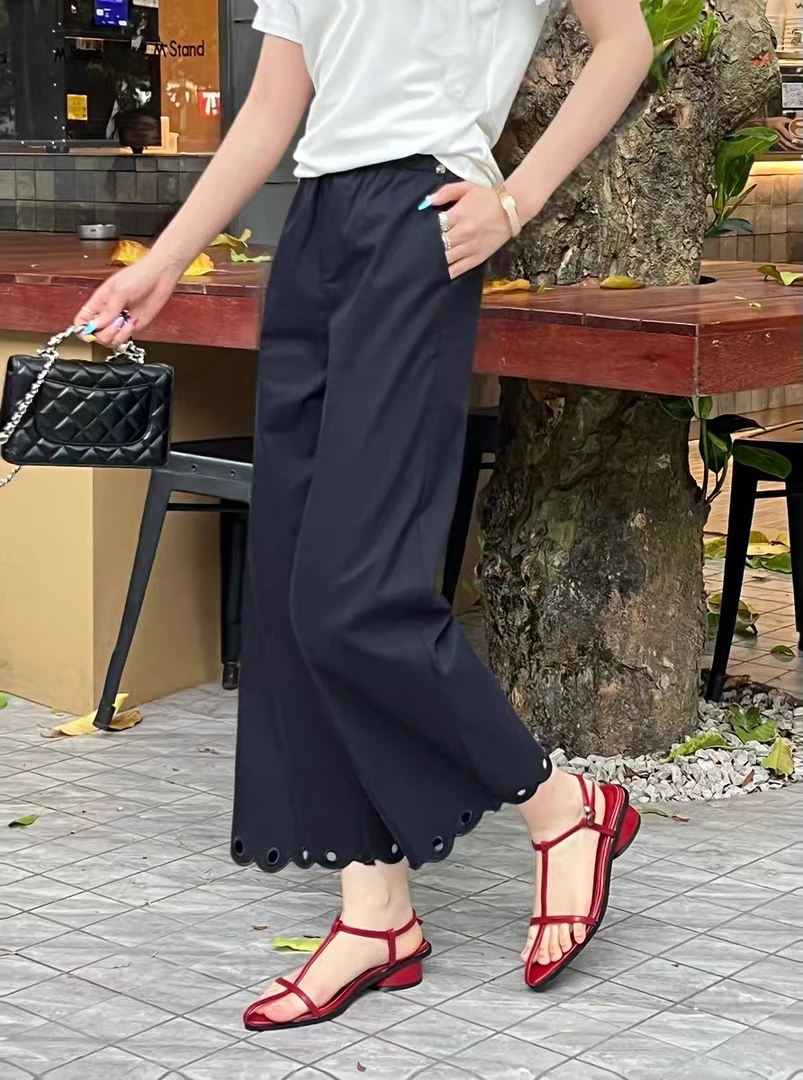 276307 夏季垂感显瘦直筒高腰薄款镂空性感风休闲裤直筒显瘦女裤