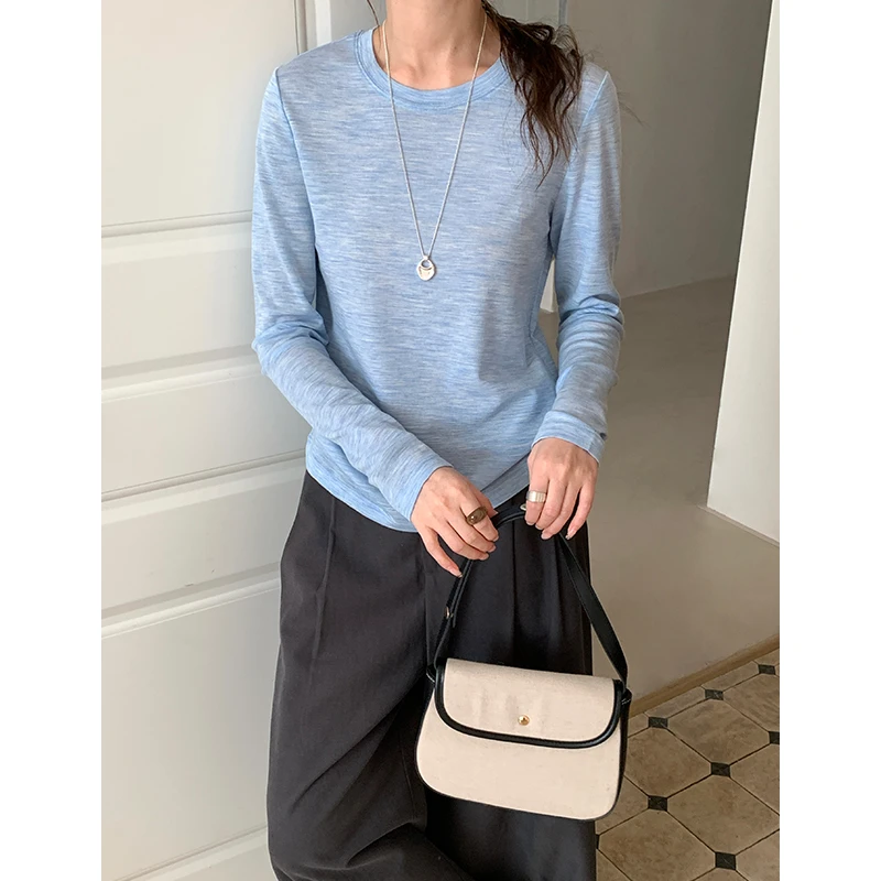 CKOUCCOO/扣蔻｜70支可机洗｜纯羊毛圆领T恤女2025秋季显瘦打底衫