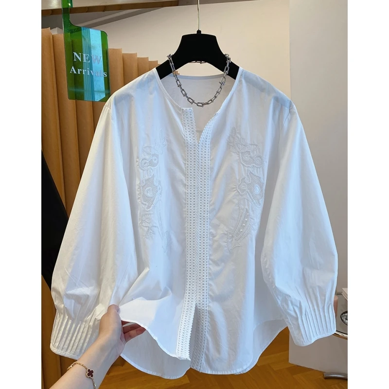 高级感白色刺绣衬衫女长袖2025新款秋季宽松气质独特别致纯棉上衣