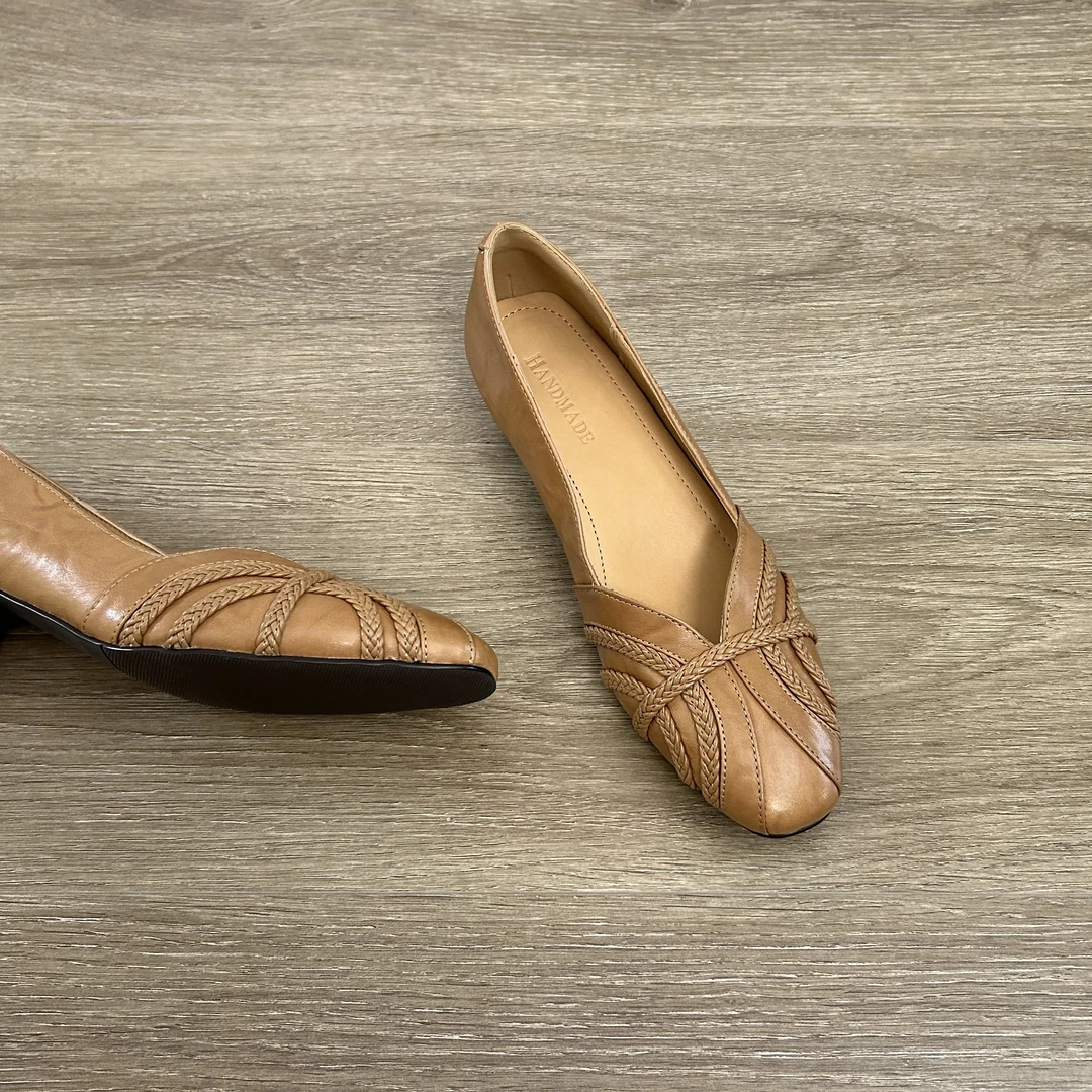 Dannyfrey头层牛皮法式复古编织V口初秋软底舒适圆头女单鞋4CM