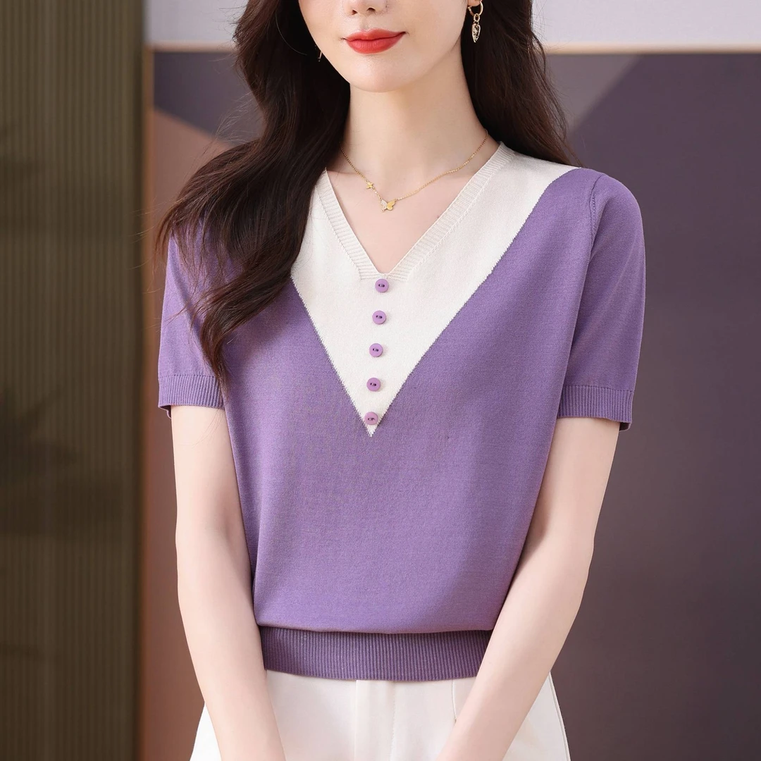 清凉夏季新款女士V领时尚百搭洋气薄款半袖纯色休闲显瘦气质上衣