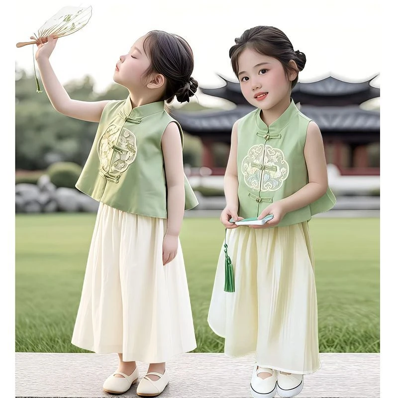 女童夏季套装2025新款甜美国风新中式儿童无袖背心阔腿裤两件套