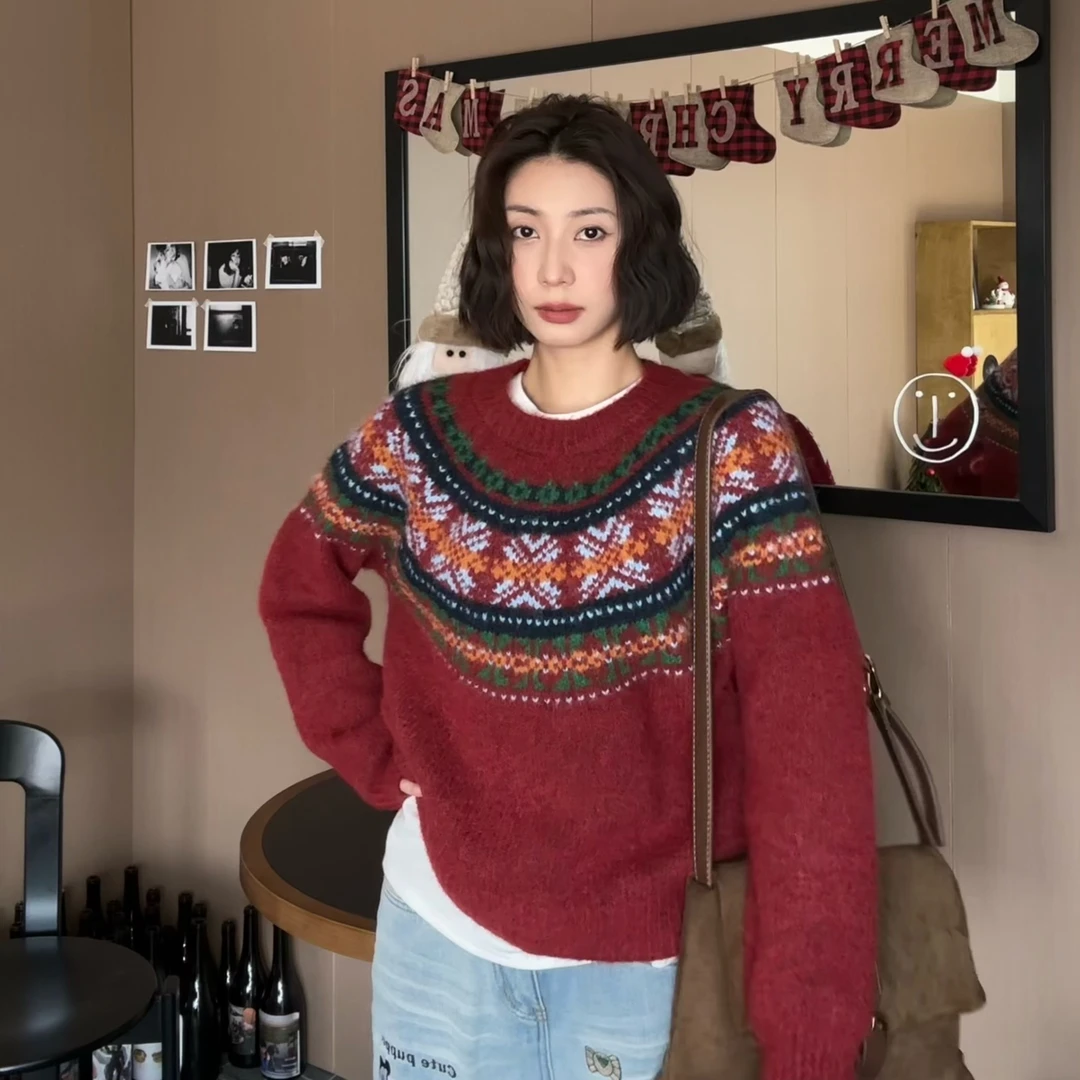 ［平安夜］复古加厚毛混纺保暖插肩袖宽松提花针织毛衣 1597