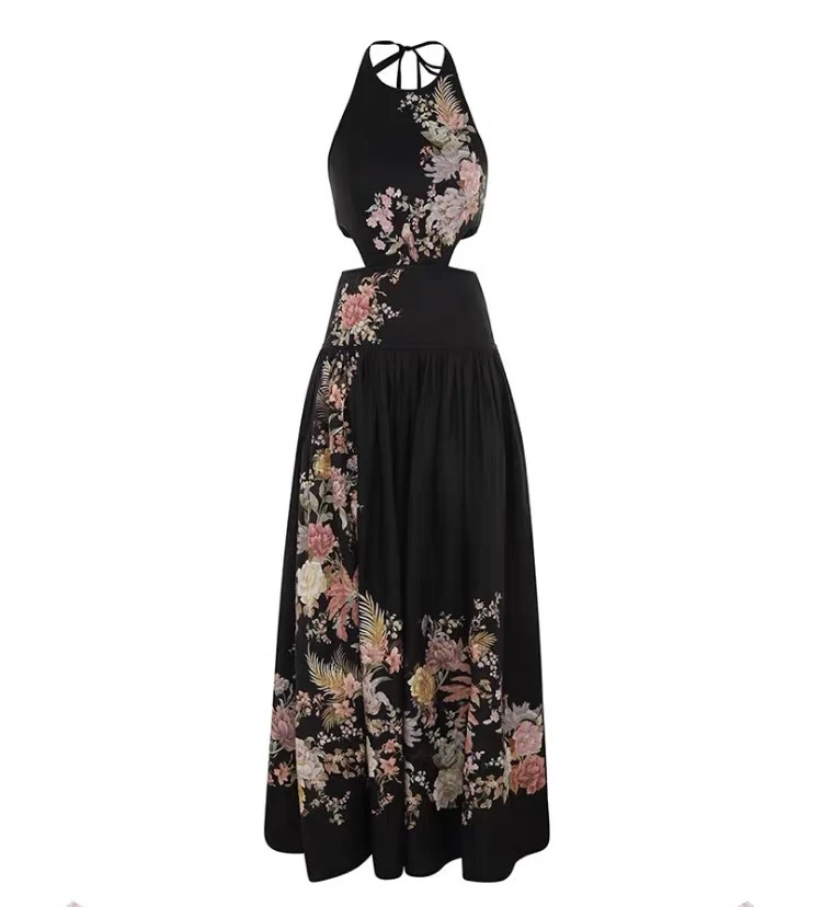 欧美风印花重工挂脖聚会度假高贵优雅显瘦棉麻连衣裙