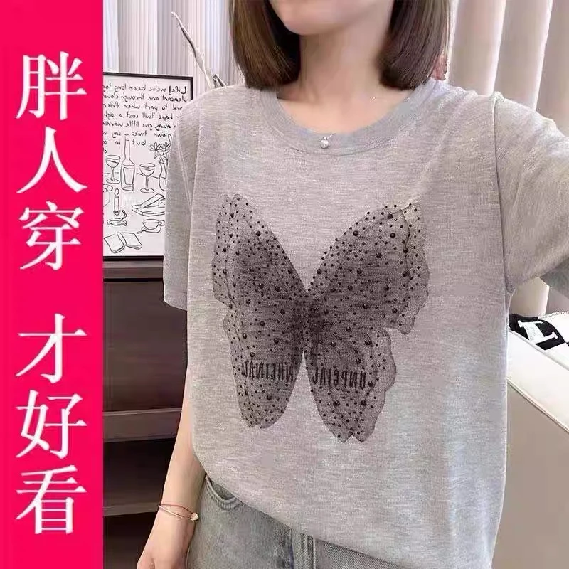 圆领提花针织短袖T恤宽松显瘦大码女装夏季休闲百搭时尚减龄上衣