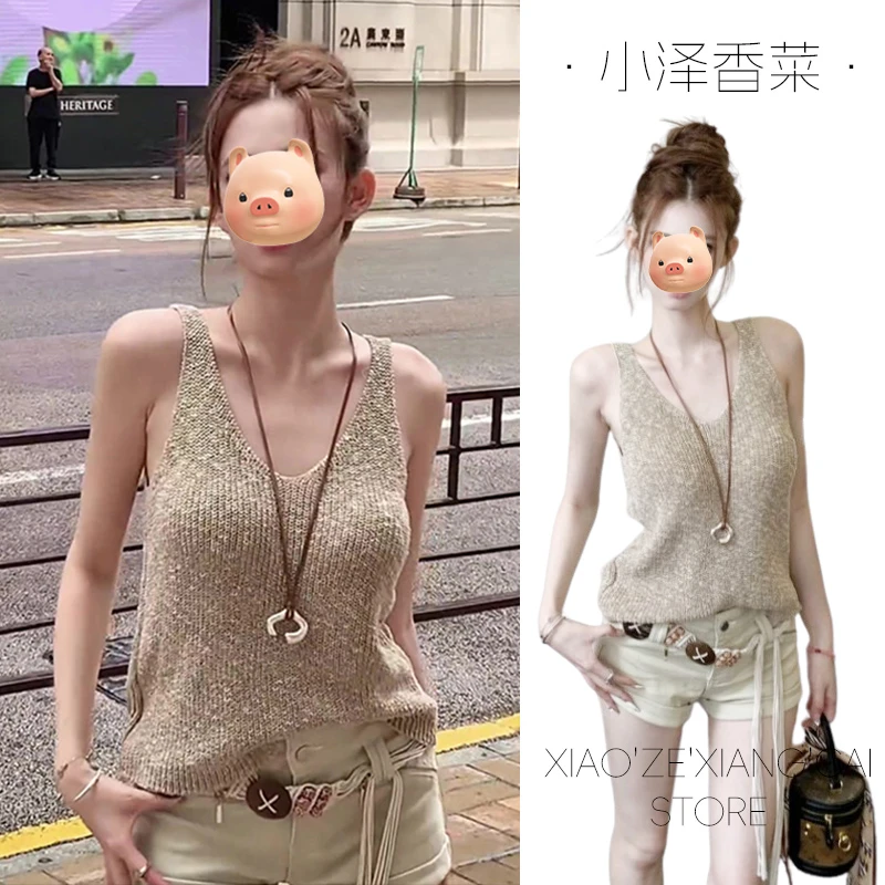 老钱风穿搭法式V领镂空冰丝针织吊带背心女夏季外穿修身无袖上衣