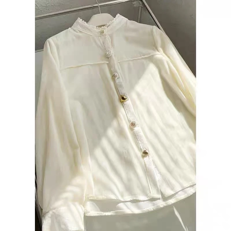 小静折扣~NA1610P  精致异形扣花边立领优雅丝绒小衫（卡码拍大）