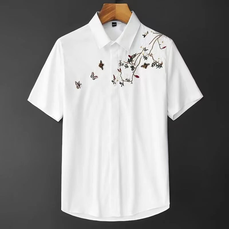 夏季爆款刺绣短袖衬衫痞帅中国风修身衬衣男生潮流百搭休闲上衣
