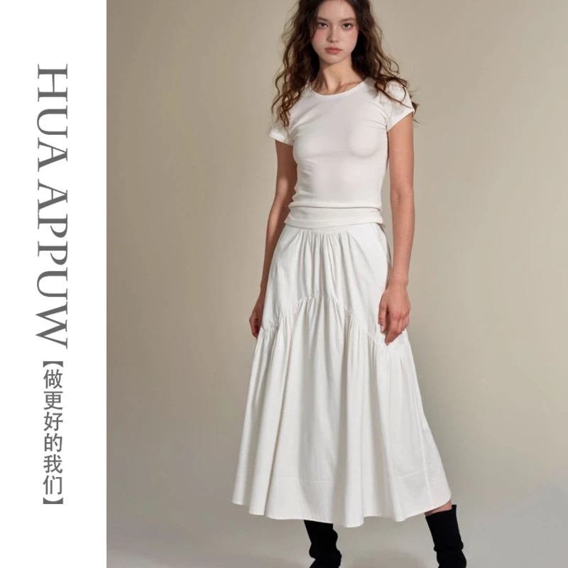 画朴莫奈花园风拼接白色百褶裙2025夏季新款收腰显瘦百搭半身裙女