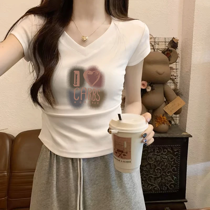 不规则褶皱V领短袖t恤女夏季设计感修身短款小个子正肩体恤上衣